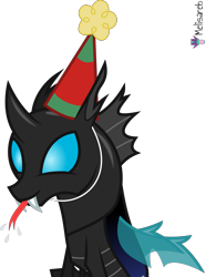 Size: 4000x5376 | Tagged: safe, alternate version, artist:melisareb, imported from derpibooru, changeling, .svg available, :p, absurd resolution, fangs, forked tongue, happy birthday mlp:fim, hat, kevin, male, mlp fim's eleventh anniversary, party hat, raspberry, simple background, solo, stallion, tongue out, transparent background, vector