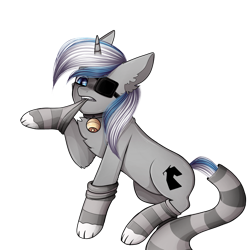 Size: 1280x1280 | Tagged: safe, artist:eggguy, imported from derpibooru, oc, oc:sekr gray, unicorn, bell, blue eyes, cat bell, clothes, collar, eyepatch, paw socks, simple background, socks, transparent background