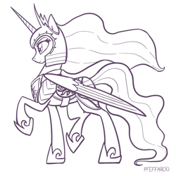 Size: 2048x2048 | Tagged: safe, artist:pfeffaroo, imported from derpibooru, princess celestia, alicorn, pony, armor, female, helmet, high res, mare, monochrome, profile, raised hoof, side view, simple background, solo, standing on two hooves, warrior, warrior celestia, white background