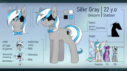 Size: 2700x1500 | Tagged: safe, artist:sinrinf, imported from derpibooru, princess celestia, twilight sparkle, oc, oc:sekr gray, pony, cutie mark, heart, pictogram, reference sheet, text