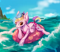 Size: 3302x2877 | Tagged: safe, artist:rottengotika, imported from derpibooru, oc, oc only, pegasus, pony, beach, cloud, high res, inner tube, ocean, palm tree, sky, solo, tree, water