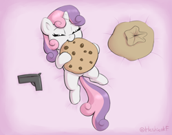 Size: 2756x2164 | Tagged: safe, artist:heretichesh, imported from derpibooru, sweetie belle, pony, unicorn, bag, colored, cookie, cute, diasweetes, eating, eyebrows, eyebrows visible through hair, eyes closed, female, filly, food, gun, handgun, happy, herbivore, high angle, high res, horn, lying down, nom, on back, overhead view, pistol, robbery, sack, simple background, solo, tail, two toned mane, two toned tail