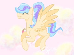 Size: 1080x809 | Tagged: safe, artist:turtletroutstudios, imported from derpibooru, oc, oc only, pegasus, pony, abstract background, colored wings, eyes closed, female, jewelry, mare, necklace, pegasus oc, signature, smiling, solo, two toned wings, wings