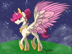 Size: 1080x809 | Tagged: safe, artist:turtletroutstudios, imported from derpibooru, oc, oc only, alicorn, pony, alicorn oc, concave belly, female, hoof shoes, horn, jewelry, mare, night, peytral, signature, smiling, solo, stars, tiara, wings