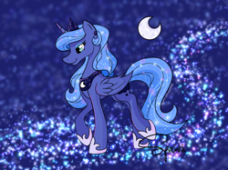 Size: 1366x1024 | Tagged: safe, artist:turtletroutstudios, imported from derpibooru, princess luna, alicorn, pony, concave belly, crescent moon, ethereal mane, female, hoof shoes, horn, jewelry, mare, moon, peytral, raised hoof, signature, smiling, solo, starry mane, stars, tiara, transparent moon, wings
