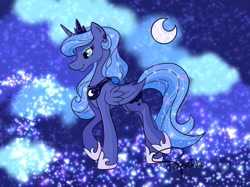 Size: 1023x767 | Tagged: safe, alternate version, artist:turtletroutstudios, imported from derpibooru, princess luna, alicorn, pony, concave belly, crescent moon, ethereal mane, female, hoof shoes, horn, jewelry, mare, moon, peytral, raised hoof, signature, smiling, solo, starry mane, stars, tiara, transparent moon, wings