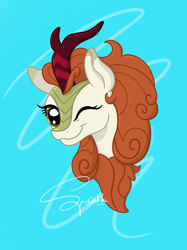 Size: 1024x1366 | Tagged: safe, artist:turtletroutstudios, imported from derpibooru, autumn blaze, kirin, blue background, bust, eyelashes, head only, looking at you, one eye closed, portrait, simple background, smiling, smiling at you, solo, wink, winking at you