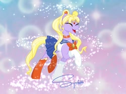 Size: 1023x767 | Tagged: safe, artist:turtletroutstudios, imported from derpibooru, earth pony, pony, :d, abstract background, choker, clothes, eyelashes, eyes closed, female, mare, open mouth, open smile, ponified, raised hoof, sailor moon, serena tsukino, signature, smiling, socks, solo