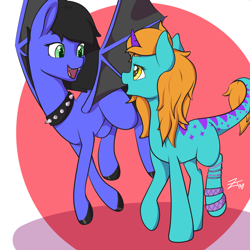 Size: 3000x3000 | Tagged: safe, artist:zombietator, imported from derpibooru, oc, oc only, bat pony, pony, abstract background, bat pony oc, bat wings, bracelet, choker, duo, high res, hoof polish, jewelry, looking at each other, signature, spiked choker, wings