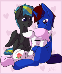 Size: 2100x2500 | Tagged: safe, artist:zombietator, imported from derpibooru, oc, oc only, pegasus, pony, unicorn, eyes closed, gay, heart, high res, horn, male, pegasus oc, polyamory, signature, sitting, smiling, snuggling, stallion, unicorn oc, wings