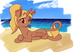 Size: 2750x1850 | Tagged: safe, artist:zombietator, imported from derpibooru, oc, oc only, alicorn, pony, alicorn oc, beach, female, food, horn, leonine tail, lying down, mare, outdoors, popsicle, signature, tail, wings
