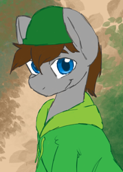 Size: 1500x2100 | Tagged: safe, artist:zombietator, imported from derpibooru, oc, oc only, earth pony, pony, abstract background, bust, clothes, hat, hoodie, male, signature, smiling, stallion