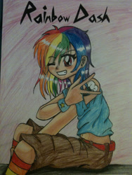 Size: 1536x2048 | Tagged: safe, artist:mangaka4eva, imported from derpibooru, rainbow dash, human, alternative cutie mark placement, clothes, cuffs (clothes), cutie mark on human, eyelashes, grin, humanized, one eye closed, shorts, shoulder cutie mark, smiling, traditional art, wink