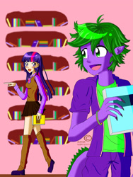 Size: 1536x2048 | Tagged: safe, artist:mangaka4eva, imported from derpibooru, spike, twilight sparkle, anthro, dragon, human, :d, book, clothes, female, humanized, library, male, open mouth, open smile, shoes, skirt, smiling, socks