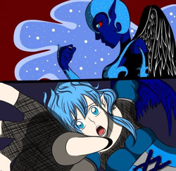 Size: 574x560 | Tagged: safe, artist:mangaka4eva, imported from derpibooru, nightmare moon, princess luna, human, :o, clothes, ethereal mane, fingerless gloves, gloves, helmet, humanized, open mouth, starry mane, winged humanization, wings