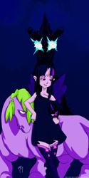 Size: 1050x2100 | Tagged: safe, artist:m-a-v-e-r-i-c-k, imported from derpibooru, spike, twilight sparkle, alicorn, human, pony, alicorn humanization, clothes, dress, duo, horned humanization, humanized, ponified, twilight sparkle (alicorn), winged humanization