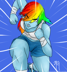 Size: 1012x1088 | Tagged: safe, alternate version, artist:m-a-v-e-r-i-c-k, imported from derpibooru, rainbow dash, equestria girls, arm wraps, clothes, eye clipping through hair, eyelashes, female, grin, running, shoes, shorts, signature, smiling, solo