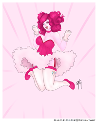 Size: 1351x1683 | Tagged: safe, alternate version, artist:m-a-v-e-r-i-c-k, imported from derpibooru, pinkie pie, human, breasts, busty pinkie pie, choker, clothes, cutie mark on human, dress, female, garter belt, humanized, one eye closed, open mouth, open smile, shoes, signature, smiling, socks, solo, stockings, thigh highs, wink