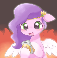 Size: 1483x1534 | Tagged: safe, artist:ginmaruxx, imported from derpibooru, pipp petals, pegasus, pony, adorable distress, adorapipp, blushing, cellphone, cute, female, fire, g5, mare, my little pony: a new generation, open mouth, phone, smartphone, solo, spread wings, sweat, sweatdrops, wings