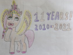 Size: 1709x1299 | Tagged: safe, artist:mr.myoozik, derpibooru exclusive, imported from derpibooru, sunny starscout, alicorn, earth pony, pony, anniversary, anniversary art, artificial wings, augmented, big crown thingy, crown, date, element of magic, female, g5, glowing, glowing horn, glowing wings, green eyes, hooves, horn, jewelry, magic, magic horn, magic wings, mare, mlp fim's eleventh anniversary, my little pony: a new generation, open mouth, paper, race swap, rainbow, regalia, smiling, solo, standing, sunnycorn, text, traditional art, wings