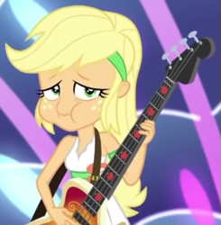 Size: 595x606 | Tagged: safe, imported from derpibooru, screencap, applejack, equestria girls, equestria girls series, spring breakdown, spoiler:eqg series (season 2), bare shoulders, bass guitar, cropped, musical instrument, sleeveless, solo