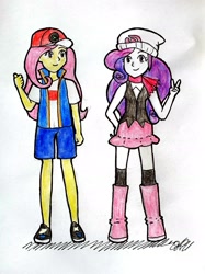 Size: 2260x3014 | Tagged: safe, artist:fude-chan-art, imported from derpibooru, fluttershy, rarity, equestria girls, ash ketchum, clothes, clothes swap, cosplay, costume, dawn (pokémon), duo, female, hat, high res, pokémon, shorts, traditional art, vest