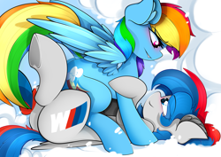 Size: 4093x2894 | Tagged: safe, artist:ahekao, imported from derpibooru, rainbow dash, oc, oc:emory, pegasus, pony, bmw, car pony, cloud, commission, cuddling, ear fluff, eye clipping through hair, eye contact, looking at each other, tattoo, underhoof, wings, wonderbolts, ych result