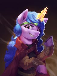 Size: 1975x2617 | Tagged: safe, artist:vanillaghosties, imported from derpibooru, izzy moonbow, pony, unicorn, anime, clothes, costume, digital art, dio brando, female, g5, glowing, glowing horn, grin, halloween, halloween costume, horn, jojo's bizarre adventure, mare, my little pony: a new generation, nightmare night costume, smiling, solo