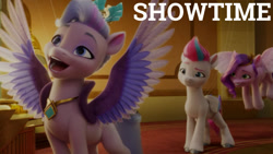 Size: 1280x720 | Tagged: safe, edit, edited screencap, editor:quoterific, imported from derpibooru, screencap, pipp petals, queen haven, zipp storm, pegasus, pony, spoiler:g5, spoiler:my little pony: a new generation, a phony pony full of baloney, female, g5, mare, my little pony: a new generation, open mouth, open smile, royal sisters (g5), siblings, sisters, smiling, spread wings, wings