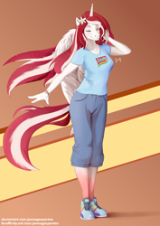 Size: 2480x3508 | Tagged: safe, artist:pwnagespartan, imported from derpibooru, oc, oc only, oc:indonisty, alicorn, anthro, plantigrade anthro, abstract background, anthro oc, clothes, female, high res, indomie, indonesia, nation ponies, ponified, shirt, shoes, solo, t-shirt