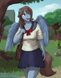 Size: 1760x2240 | Tagged: safe, artist:pwnagespartan, imported from derpibooru, oc, oc only, oc:blue violet, anthro, pegasus, anthro oc, clothes, female, park, sailor uniform, school uniform, schoolgirl, solo, uniform