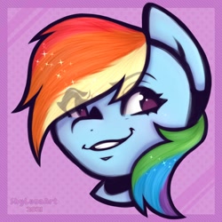 Size: 1260x1260 | Tagged: safe, artist:shylunaart, imported from derpibooru, rainbow dash, pegasus, pony, abstract background, bust, eye clipping through hair, female, grin, head only, portrait, smiling, smirk, solo