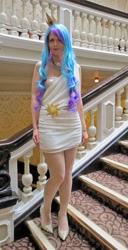 Size: 1024x2005 | Tagged: safe, artist:mad-catra, imported from derpibooru, princess celestia, human, clothes, cosplay, costume, irl, irl human, photo, stairs, uk ponycon, uk ponycon 2014