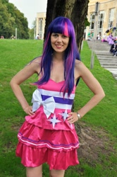 Size: 1024x1542 | Tagged: safe, artist:mad-catra, imported from derpibooru, twilight sparkle, human, equestria girls, bare shoulders, clothes, cosplay, costume, fall formal outfits, galacon, galacon 2014, hand on hip, irl, irl human, photo, sleeveless, watch, wristwatch