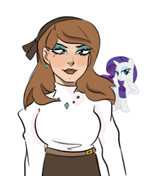 Size: 2472x2967 | Tagged: safe, artist:charrlll, imported from derpibooru, rarity, human, unicorn, bow, brunette rarity, clothes, ear piercing, earring, high res, humanized, jewelry, natural hair color, piercing, simple background, solo, sweater, turtleneck, white background