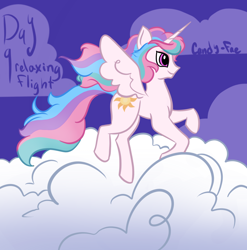 Size: 2020x2048 | Tagged: safe, artist:carconutty, imported from derpibooru, princess celestia, alicorn, pony, cloud, female, flying, high res, horn, mare, multicolored mane, multicolored tail, ponytober, smiling, solo, spread wings, tail, wings