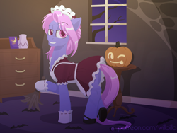 Size: 1600x1200 | Tagged: safe, artist:willoillo, imported from derpibooru, oc, oc only, oc:bubblegum bomb, earth pony, pony, apron, clothes, commission, costume, crossdressing, dress, duster, grin, halloween, holiday, hoof gloves, hoof shoes, looking at you, maid, maid headdress, smiling, solo