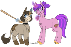 Size: 1280x854 | Tagged: safe, artist:sunshmallow, imported from derpibooru, oc, oc only, pony, unicorn, baseball bat, chest fluff, curved horn, duo, female, food, glowing, glowing horn, horn, muffin, simple background, transparent background