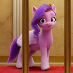 Size: 671x671 | Tagged: safe, imported from derpibooru, screencap, pipp petals, pegasus, pony, spoiler:my little pony: a new generation, bars, cropped, eyebrows, female, folded wings, g5, mare, my little pony: a new generation, purple mane, purple tail, shadow, solo, standing, tail, unshorn fetlocks, wings