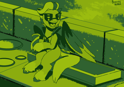 Size: 1000x700 | Tagged: safe, artist:brainiac, imported from derpibooru, queen haven, pegasus, pony, female, g5, gameboy aesthetic, green, limited palette, mare, monochrome, my little pony: a new generation, open mouth, pixel art, solo, sunglasses
