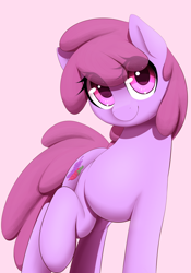 Size: 1400x2000 | Tagged: safe, artist:thebatfang, imported from derpibooru, berry punch, berryshine, earth pony, pony, cute, eye clipping through hair, female, mare, pink background, purple mane, purple tail, raised hoof, simple background, smiling, solo, tail