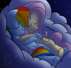 Size: 2514x2385 | Tagged: safe, artist:belgianwaffleart, imported from derpibooru, fluttershy, rainbow dash, pegasus, pony, cloud, cuddling, duo, eyes closed, female, flutterdash, folded wings, high res, lesbian, mare, multicolored hair, night, on a cloud, pink mane, pink tail, rainbow hair, rainbow tail, shipping, signature, sleeping, tail, wings