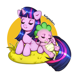 Size: 1500x1500 | Tagged: safe, artist:holymidori, imported from derpibooru, spike, twilight sparkle, alicorn, dragon, pony, cute, duo, eyes closed, female, male, mama twilight, partial background, sleeping, spikabetes, spikelove, twiabetes, twilight sparkle (alicorn)