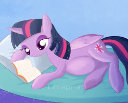 Size: 1334x1080 | Tagged: safe, artist:lacapiart, imported from derpibooru, twilight sparkle, alicorn, pony, belly, big belly, book, female, pillow, preglight sparkle, pregnant, reading, solo, twilight sparkle (alicorn)