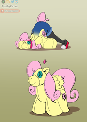 Size: 2926x4096 | Tagged: safe, artist:dustyerror, imported from derpibooru, fluttershy, human, pegasus, pony, button eyes, female, floating heart, gradient background, heart, human to pony, inanimate tf, plushie, plushification, transformation, transformation sequence