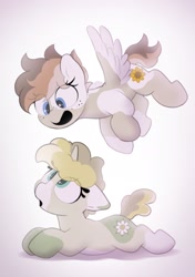 Size: 1457x2064 | Tagged: safe, artist:mochi_nation, imported from derpibooru, oc, oc only, oc:flannel tea, oc:sunrich maron, pegasus, pony, unicorn, coat markings, duo, female, floppy ears, flying, freckles, happy, looking down, looking up, lying down, open mouth, prone, siblings, sisters, sploot
