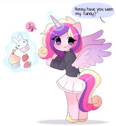 Size: 1200x1300 | Tagged: safe, artist:arwencuack, imported from derpibooru, princess cadance, alicorn, semi-anthro, arm hooves, candy, clothes, commission, cupcake, cute, cutedance, female, food, glowing, glowing horn, horn, implied shining armor, licking, licking lips, offscreen character, simple background, skirt, solo, strawberry, sweater, tongue out, turtleneck, white background