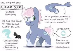 Size: 2064x1457 | Tagged: safe, artist:mochi_nation, imported from derpibooru, oc, oc only, oc:water socks, earth pony, pony, coat markings, male, reference sheet, simple background, socks (coat markings), solo, stallion, super powers, white background