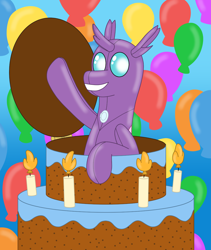 Size: 2060x2436 | Tagged: safe, artist:ltcolonelwhipper, artist:wolvinof, imported from derpibooru, oc, oc:cara, changedling, changeling, inflatable pony, pooltoy pony, air nozzle, balloon, birthday, birthday cake, birthday gift, cake, candle, changeling oc, food, high res, inflatable, inflatable toy, looking at you, pool toy, popping out of a cake, simple background, smiling, smiling at you