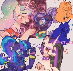 Size: 1024x1002 | Tagged: safe, artist:bug-roux, imported from derpibooru, princess celestia, princess luna, alicorn, pony, (t t), 80s princess luna, annoyed, blushing, collar, cutie mark, doodle, doodles, ear piercing, earring, excited, floral shirt, jewelry, piercing, punklestia, sparkles, spiked collar, t t, wristband